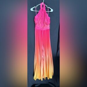 Mac Duggal 49869 NWT Vibrant Pink and Orange Halter Pleated Jumpsuit